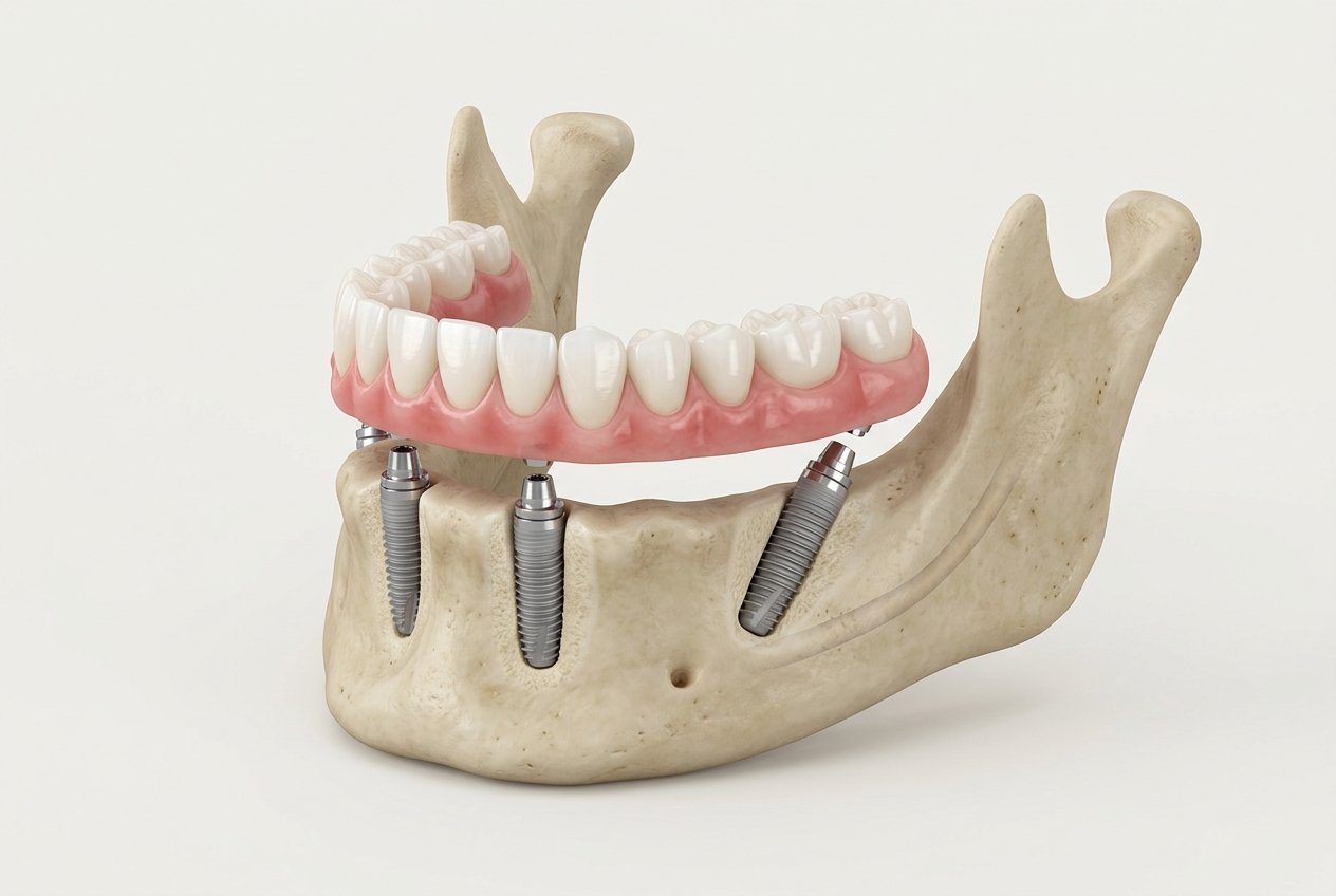 All-on-4 dental implant system supporting a full arch bridge on four titanium posts