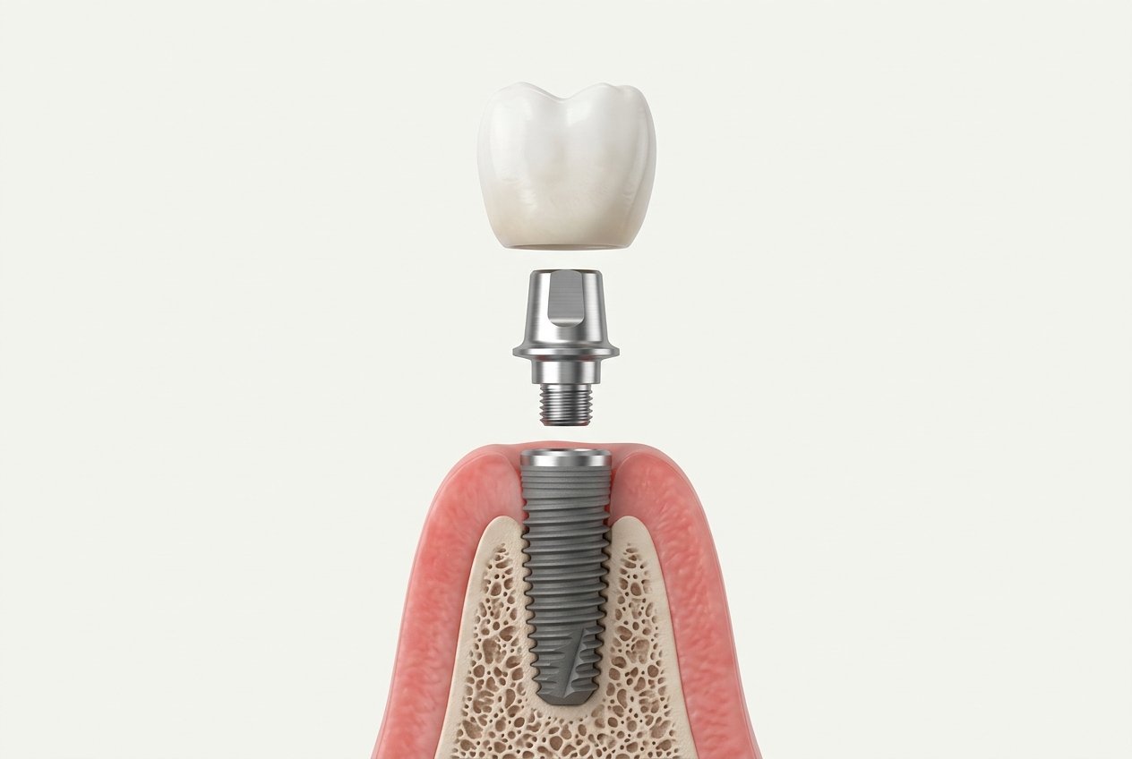 3D medical diagram of a dental implant structure showing implant screw, abutment, and crown